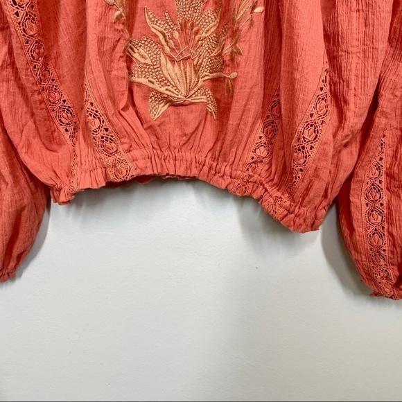 Free People Terra Cotta Maria Maria Top Ribbon Tie Gathered Waist Embroidery M - Picture 13 of 15